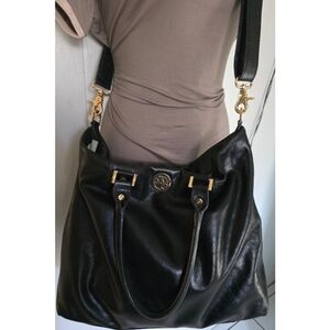 Large Tory Burch Black Leather Crossbody Bag with Gold Hardware